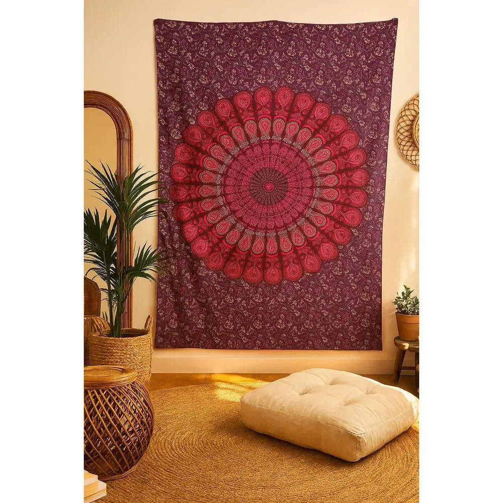 Boho Mandala Cotton Fabric | Purple Pink Tapestry Print | 81x53” | 100% Cotton